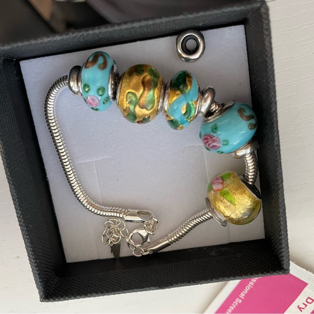 S925 Handmade Murano Glass Bracelet with Gold and Blue Accents Made in Italy